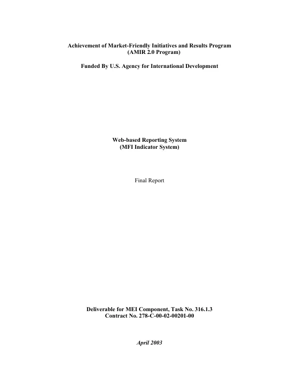 Web-based reporting system (MFI [microfinance institutions] indicator system) : final report