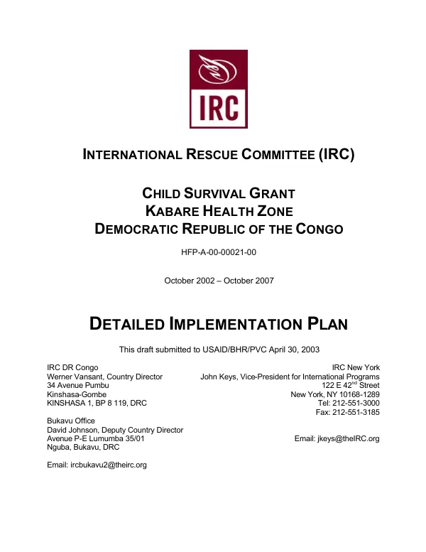 Child survival grant : Kabare health zone, Democratic Republic of the Congo -- October 2002-October 2007 : detailed implementation plan
