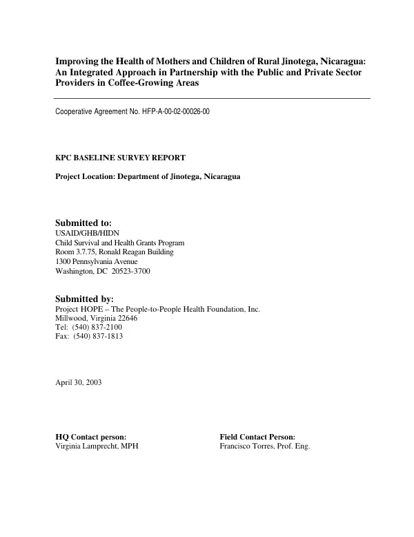 Improving the health of mothers and children of rural Jinotega, Nicaragua : an integrated approach in partnership with the public and private sector providers in coffee-growing areas : KPC baseline survey report