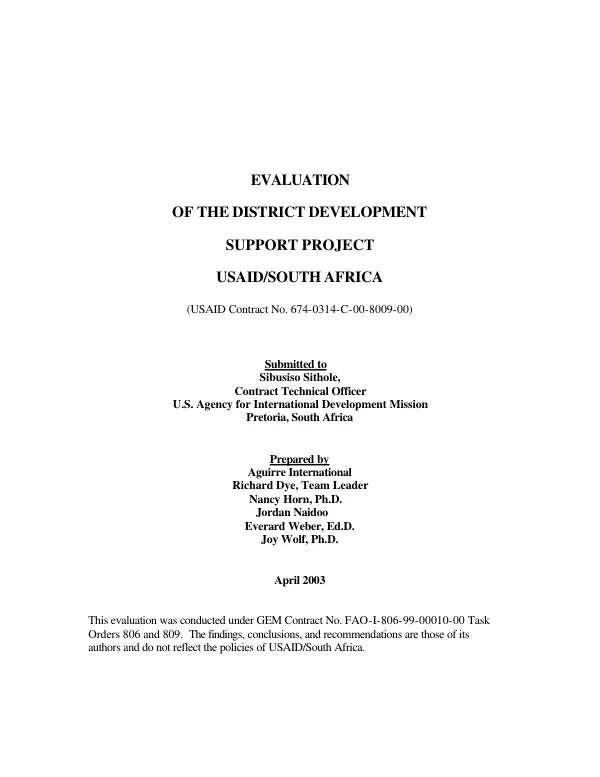 Evaluation of the district development support project [DDSP], USAID/South Africa (USAID contract no. 674-0314-C-00-8009-00)