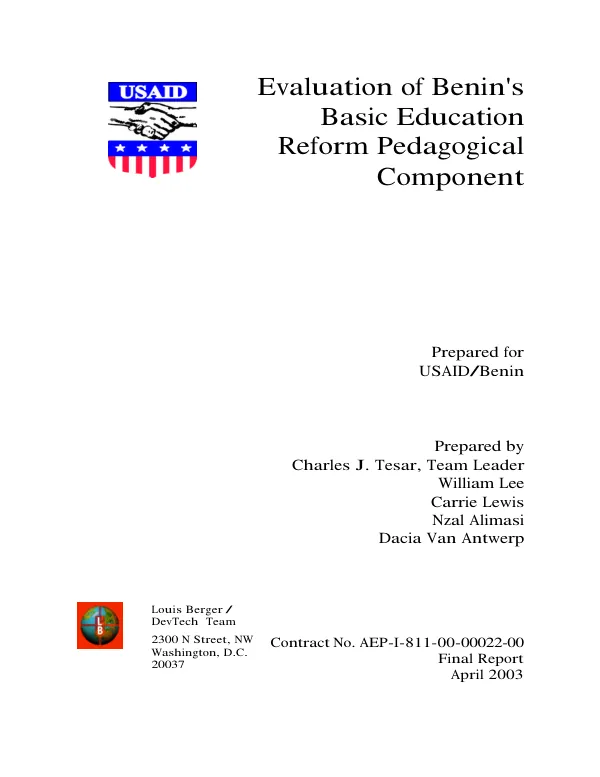 Evaluation of Benin"s basic education reform : pedagogical component -- final report