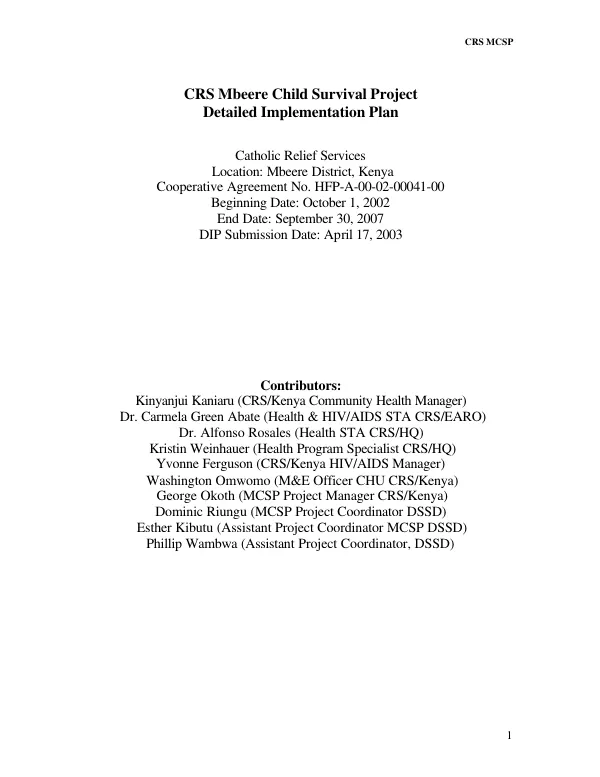 CRS [Catholic Relief Services] Mbeere child survival project [MCSP] detailed implementation plan