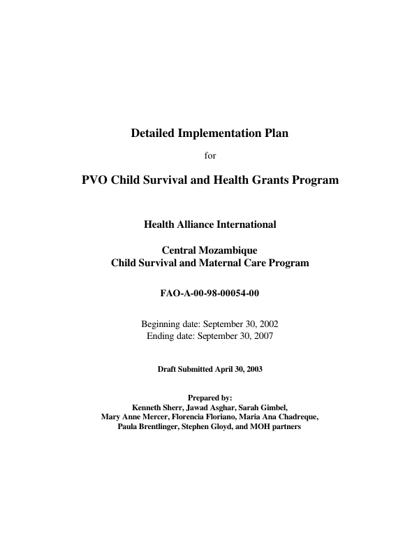 Detailed implementation plan for PVO child survival and health grants program