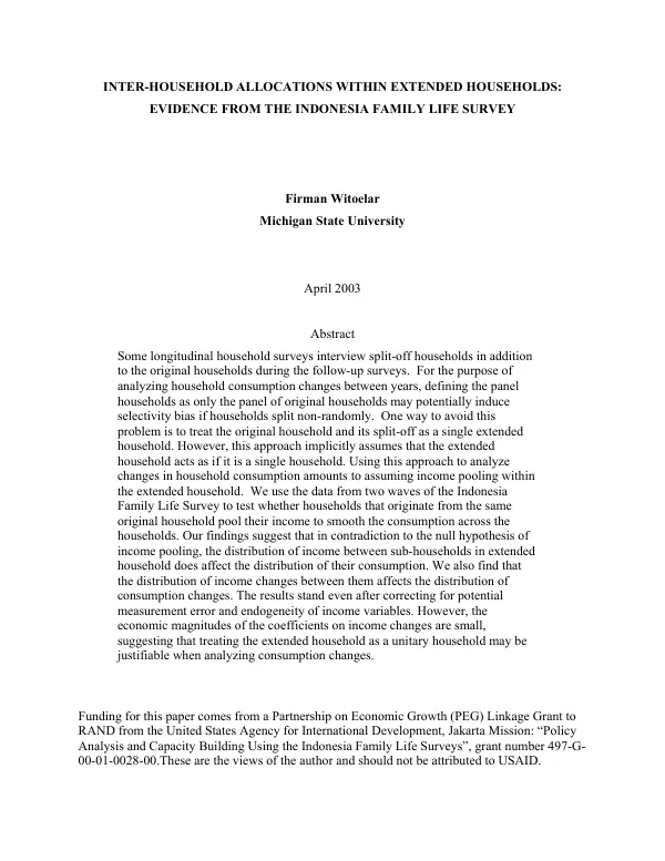 Inter-household allocations within extended households : evidence from the Indonesia family life survey