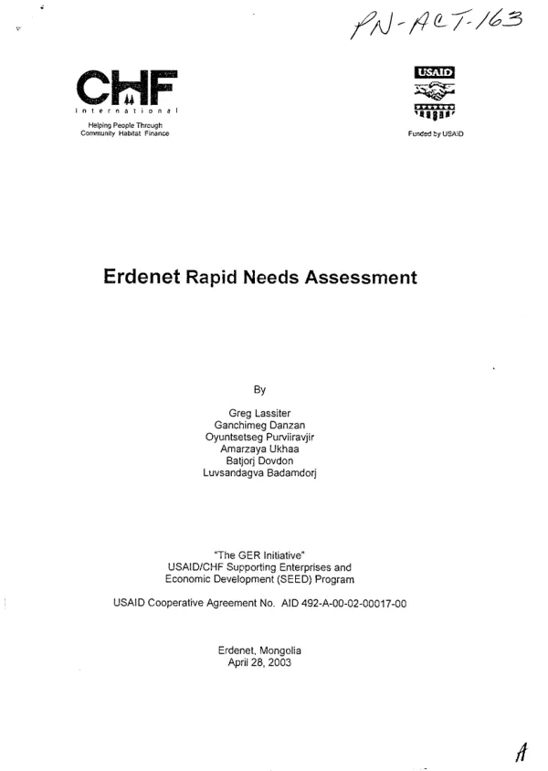 Erdenet[, Mongolia] rapid needs assessment
