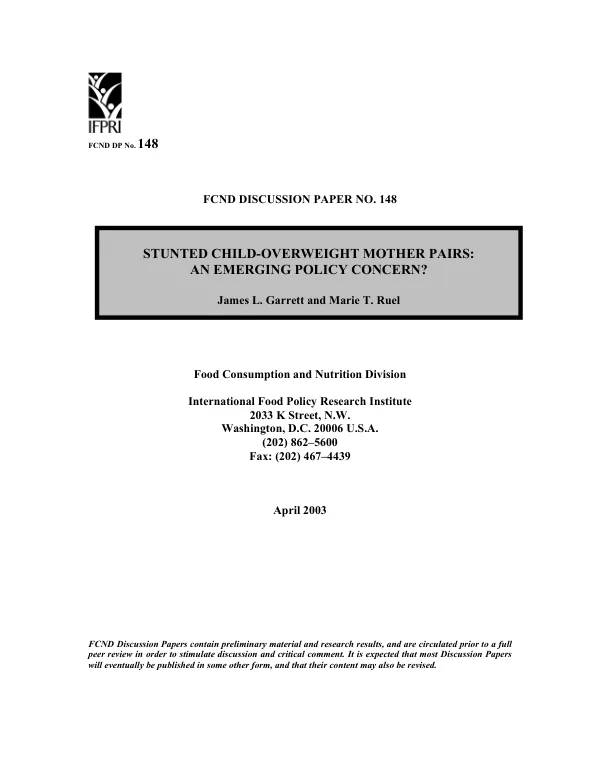 Stunted child-overweight mother pairs : an emerging policy concern?