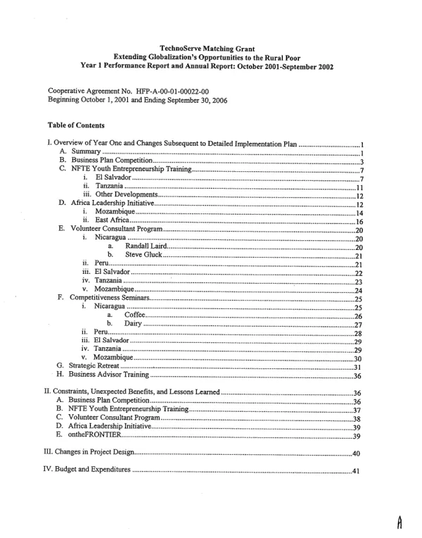 TechnoServe matching grant : extending globalization"s opportunities to the rural poor -- year 1 performance report and annual report, October 2001-September 2002