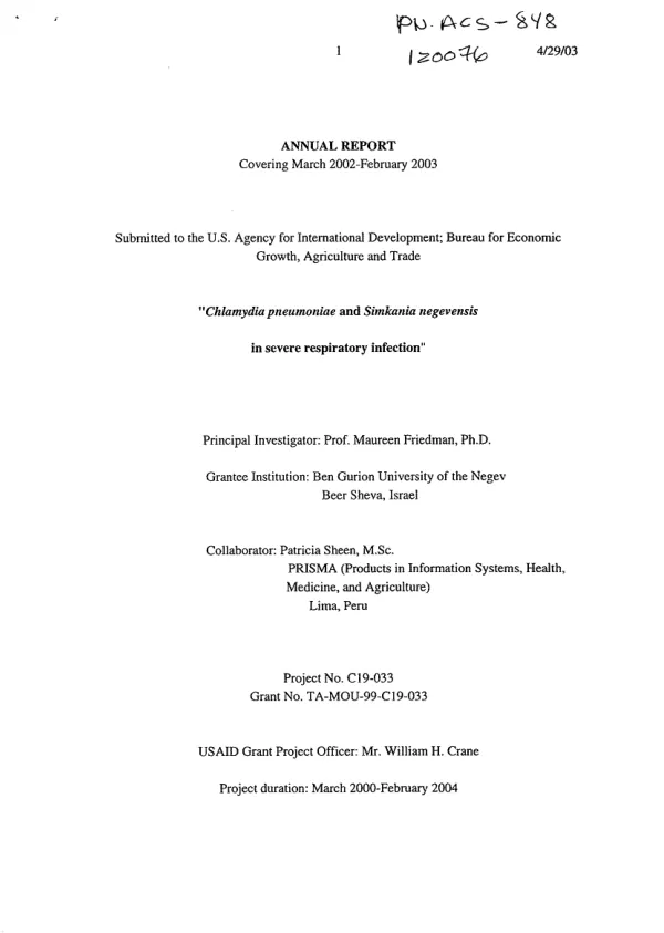 Annual report covering March 2002-February 2003 : "Chlamydia pneumoniae and Simkania negevensis in severe respiratory infection"