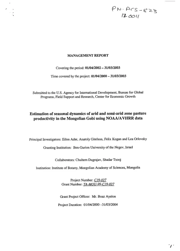 Management report covering the period 01/04/2002-31/03/2003 : estimation of seasonal dynamics of arid and semi-arid zone pasture productivity in the Mongolian Gobi using NOAA/AVHRR data