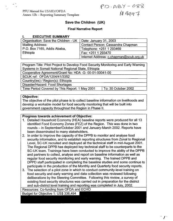 Save the Children (UK) : final narrative report [-- food security & early warning systems in Somali National Regional State, Ethiopia : cooperative agreement no. HDA-G-00-01-00041-00]