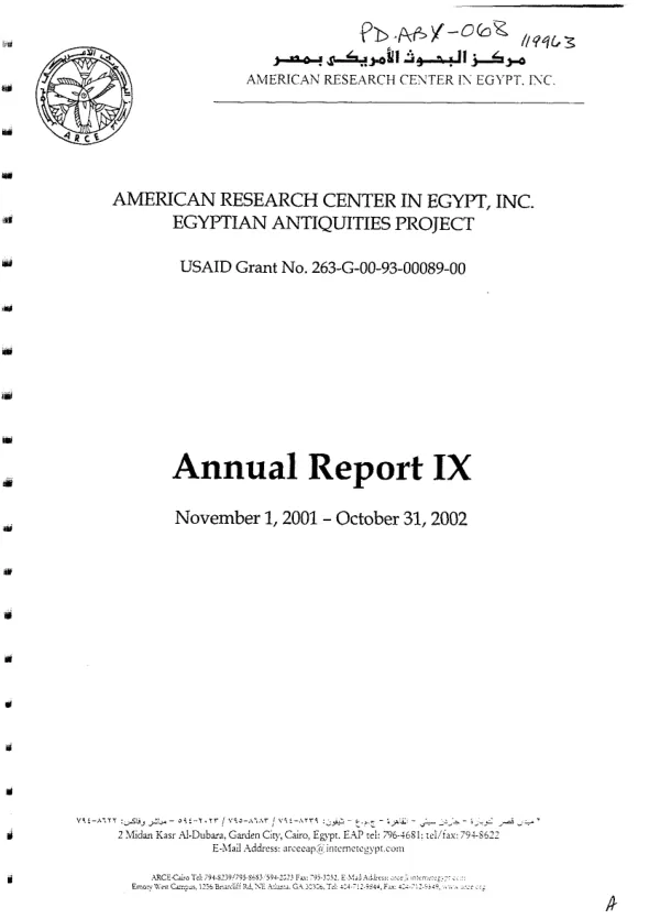 American Research Center in Egypt, Inc. : Egyptian antiquities project -- USAID grant no. 263-G-00-93-00089-00 : annual report IX, November 1, 2001-October 31, 2002