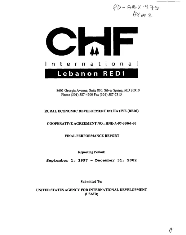 Rural economic development initiative (REDI)[/Lebanon] : cooperative agreement no. HNE-A-97-00061-00 [i.e. HNE-A-00-97-00061-00] -- final performance report : reporting period September 1, 1997-December 31, 2002