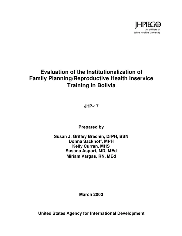 Evaluation of the institutionalization of family planning/reproductive health inservice training in Bolivia