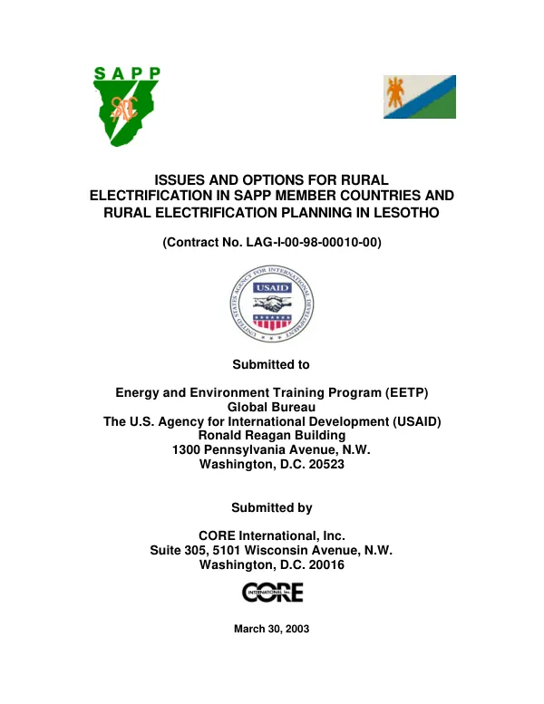 Issues and options for rural electrification in SAPP member countries, and rural electrification planning in Lesotho