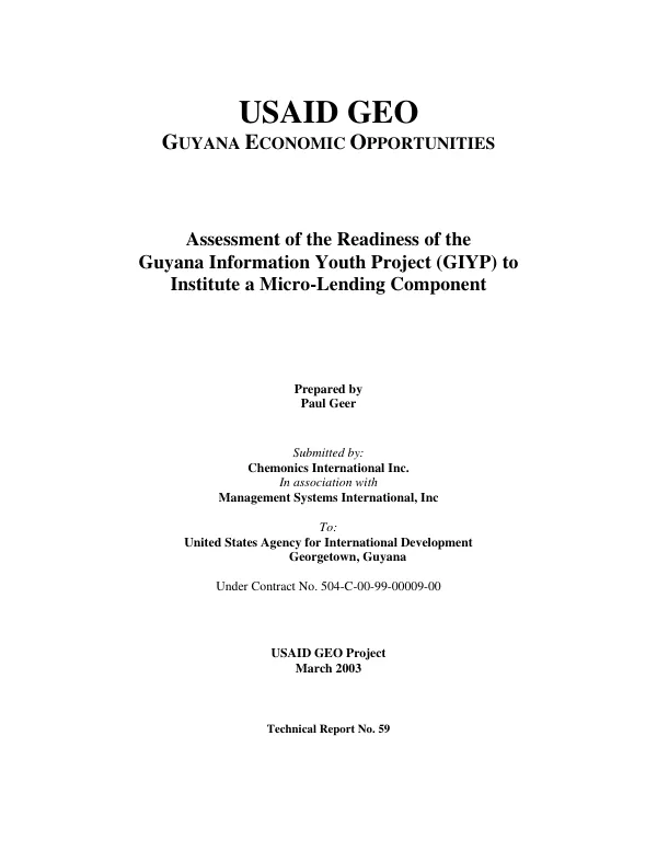 Assessment of the readiness of the Guyana information youth project [GIYP] to institute a micro-lending component