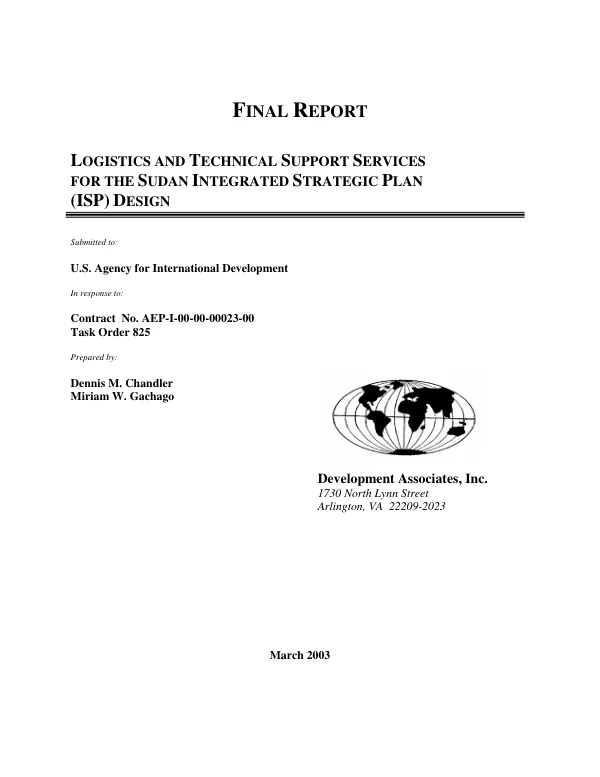 Final report : logistics and technical support services for the Sudan integrated strategic plan (ISP) design