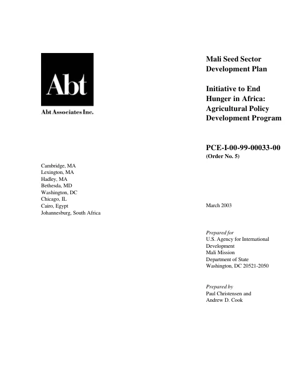 Mali seed sector development plan : initiative to end hunger in Africa [IEHA] -- agricultural policy development program
