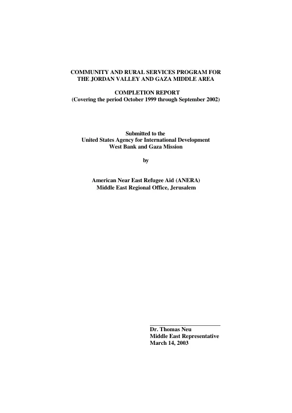 Community and rural services program for the Jordan Valley and Gaza Middle Area : completion report (covering period October 1999 through September 2002)