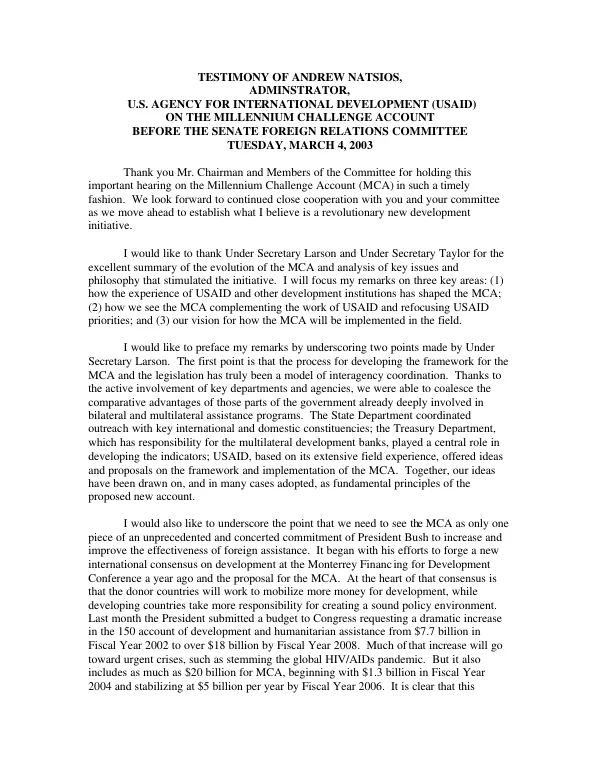 Testimony of Andrew Natsios, Administrator, U.S. Agency for International Development (USAID) on the Millennium Challenge Account [MCA] before the Senate Foreign Relations Committee, Tuesday, March 4, 2003