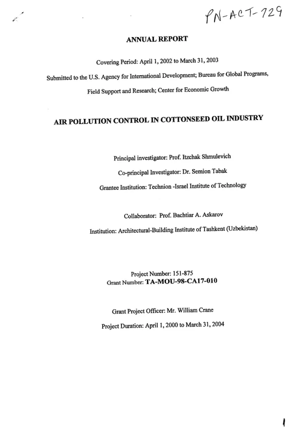 Annual report covering period April 1, 2002 to March 31, 2003 : air pollution control in cottonseed oil industry