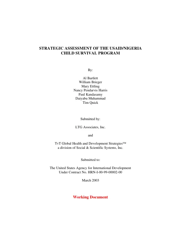 Strategic assessment of the USAID/Nigeria child survival program : working document