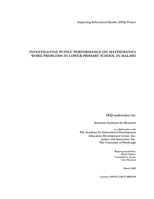 Investigating pupils" performance on mathematics word problems in lower primary school in Malawi
