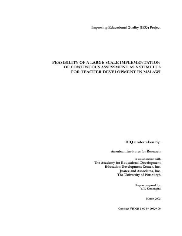 Feasibility of a large scale implementation of continuous assessment as a stimulus for teacher development in Malawi