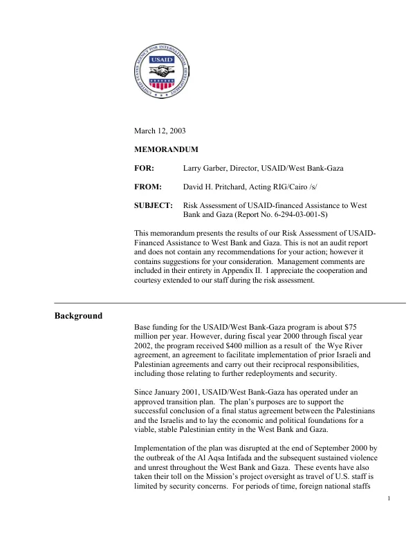 Risk assessment of USAID-financed assistance to West Bank and Gaza [Strip]