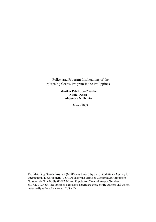 Policy and program implications of the matching grants program [MGP] in the Philippines