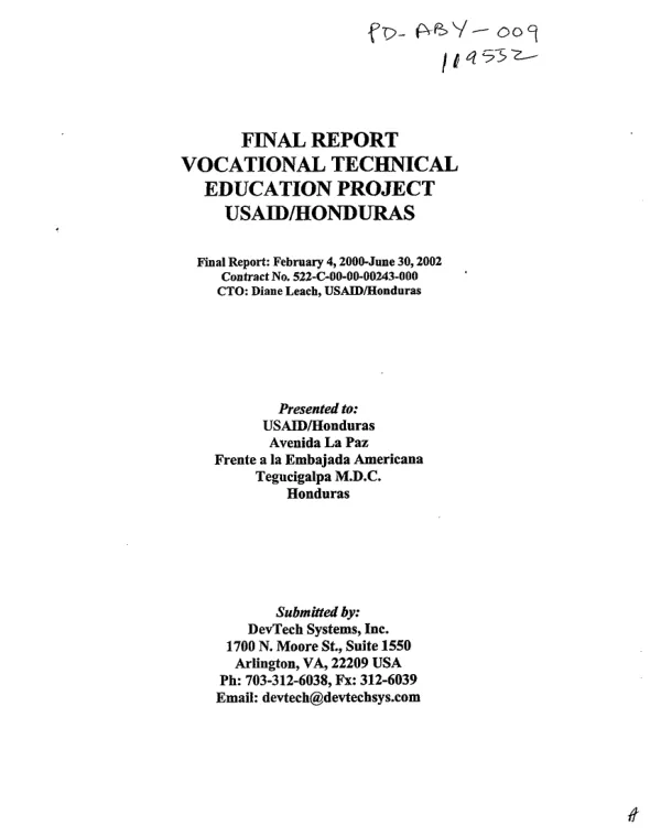 Final report : vocational technical education project -- USAID/Honduras