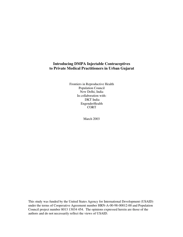 Introducing DMPA [depot medroxyprogesterone acetate] injectable contraceptives to private medical practitioners in urban Gujarat[, India]