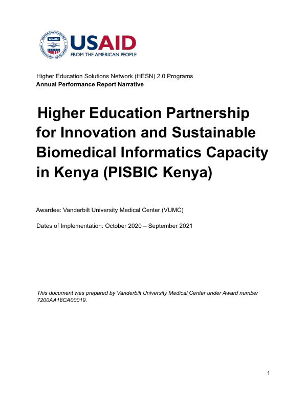 Annual Performance Report Narrative - Higher Education Partnership for Innovation and Sustainable Biomedical Informatics Capacity in Kenya (PISBIC Kenya)