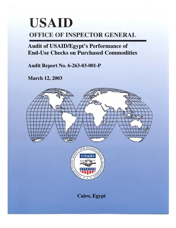 Audit of USAID/Egypt"s performance of end-use checks on purchased commodities