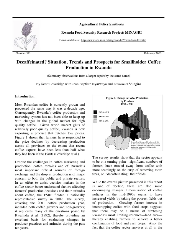 Decaffeinated? : Situation, trends and prospects for smallholder coffee production in Rwanda : analysis of a rural household survey, 2002 [summary report]