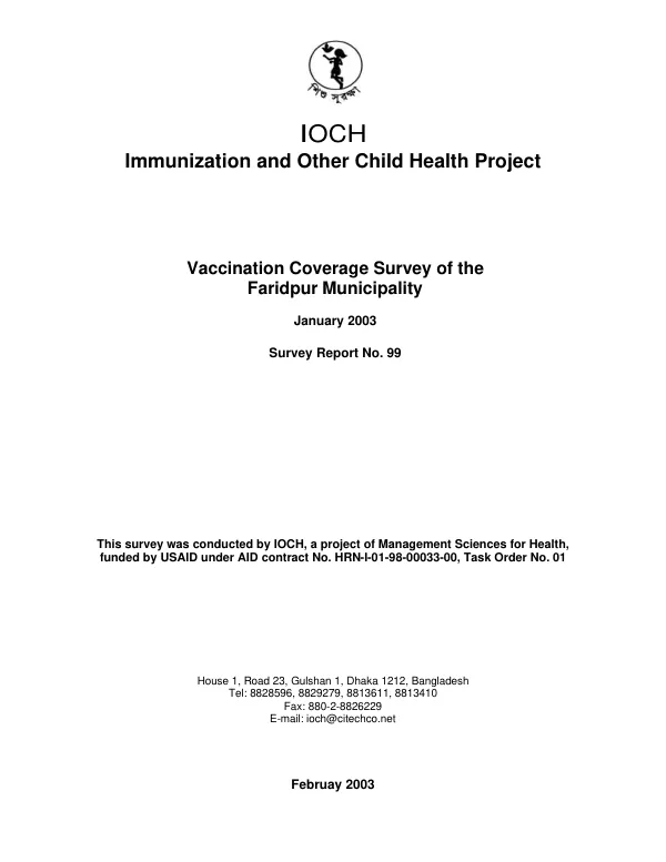 Vaccination coverage survey of the Faridpur Municipality, January 2003