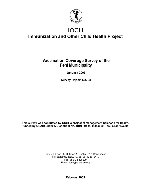 Vaccination coverage survey of the Feni Municipality, January 2003