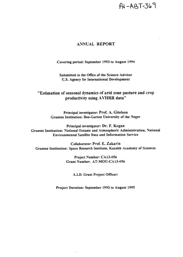 Annual report -- covering period September 1993 to August 1994 : estimation of seasonal dynamics of arid zone pasture and crop productivity using AVHRR [advanced very high resolution radiometer] data