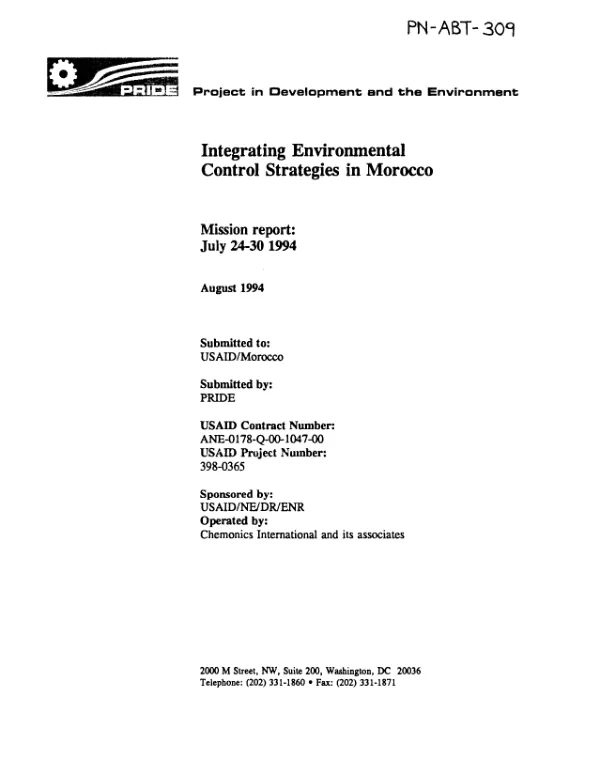 Integrating environmental control strategies in Morocco : mission report, July 24-30, 1994