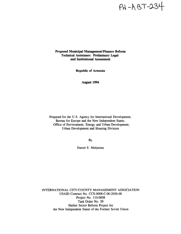 Proposed municipal management/finance reform technical assistance : preliminary legal and institutional assessment -- Republic of Armenia