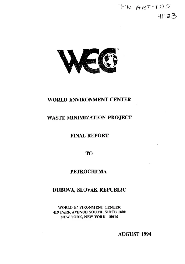 WEC World Environment Center waste minimization project : final report to Petrochema, Dubova, Slovak Republic