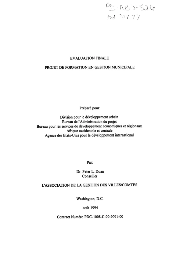 Evaluation finale : projet de formation en gestion municipale