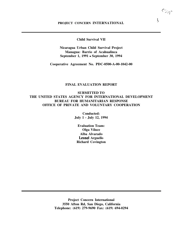 Child survival VII : Nicaragua urban child survival project -- Managua, Bario of Acahualinca -- September 1, 1991-August 31, 1994 : cooperative agreement no. PDC-0500-A-00-1042-00 -- final evaluation report