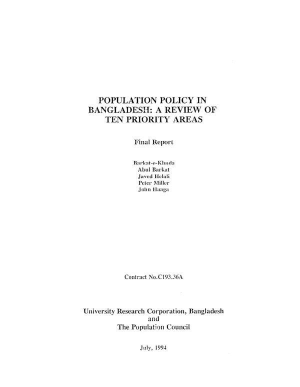 Population policy in Bangladesh : a review of ten priority areas