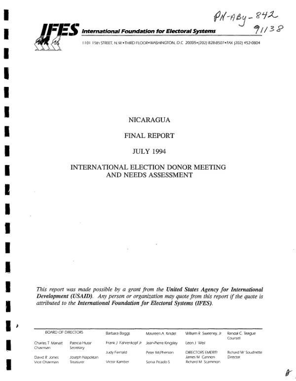Nicaragua : final report -- July 1994 international election donor meeting and needs assessment