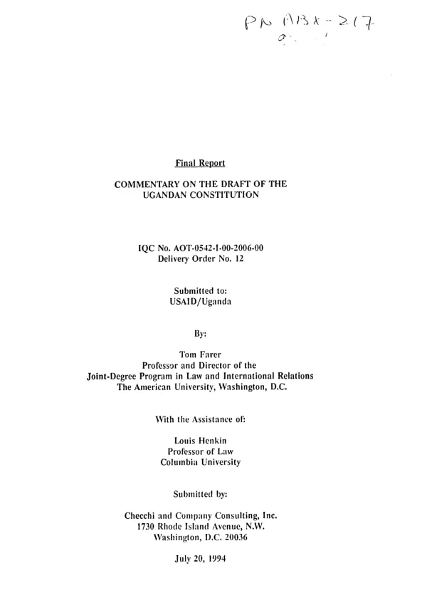 Final report : commentary on the draft of the Ugandan constitution