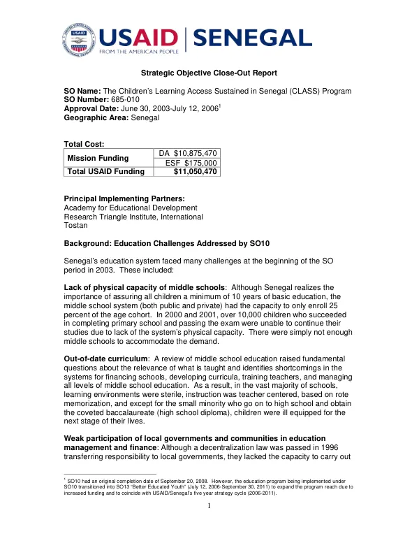 Strategic objective close-out report : the children's learning access sustained in Senegal (CLASS) program
