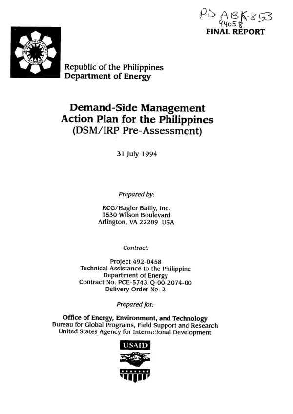 Demand-side management action plan for the Philippines (DSM/IRP [integrated resource planning] pre-assessment) -- final report