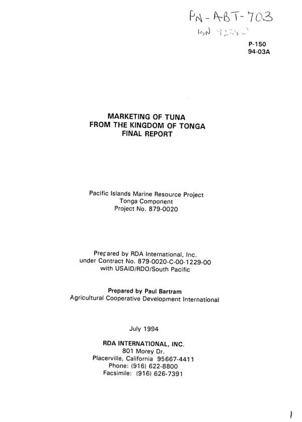 Marketing of tuna from the Kingdom of Tonga -- final report