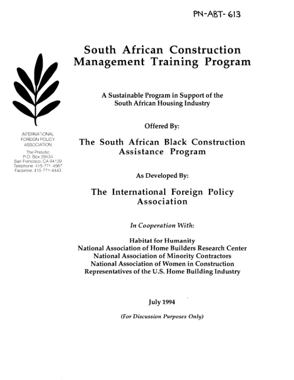 South African construction management training program : a sustainable program in support of the South African housing industry