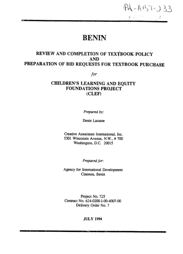 Benin -- review and completion of textbook policy and preparation of bid requests for textbook purchase for children"s learning and equity foundations project (CLEF)